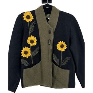 South Wool 100% Pure Virgin Wool Black Sunflower Applique Cardigan Jacket Small
